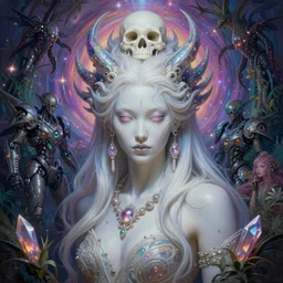 muted vaporwave ombre matte headon painting beautiful sinister polynesian alabaster female skullpunk spirit guardian, sleek iridescent euro shades enchanted intergalactic mecha garden, man machine chimeric beholder polyphemous, power crystals trigger powerful psychotropic frequencies singularity, artgerm, wlop, james jean, andrei riabovitchev, marc simonetti, yoshitaka amano, artstation, cgsociety