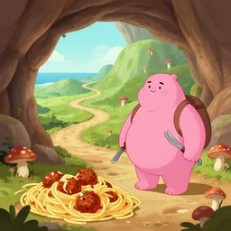 spaghetti and meatballs cavern, a pink and chubby wandering spelunker with fork and knife at the ready | introspective meandering sci - fi fantasy endless path in the hills overlooking the coast with mushroom - willow - tree on shading a bench | colored - pencil drawing by thomas cole, terese nielsen, and edvard escher guay, magically shaped surrealism, trending on artstation