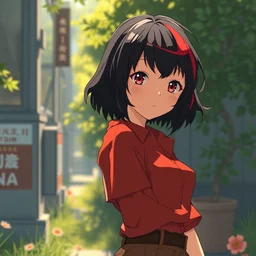 makoto shinkai, artgerm, yoji shinkawa, ilya kuvshinov, beautiful anime woman, red shirt brown pants, clockpunk, black and red hair hair, symmetrical face, symmetrical eyes, full round face, short smile, detailed, summer setting, cinematic lighting