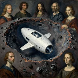 white dream bot mothership crashed in the crater of pelt and carbon. painting by monet, piero della francesca, agnes pelton, rene magritte, moebius