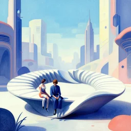 “ a future city of impossible geometry, a man and woman sit on a mobius - strip - shaped bench. bright, cold colors, complex, alienating, cyber - gothic, renaissance style. ”