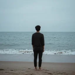 a melancholic 3 5 mm photograph of a barefoot man standing on a beach and looking out to sea