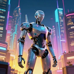 cyberpunk robot in front of a colourful city with big skyscrapers