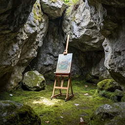 a room made of rocks with natural light and mossy floor, an artist easel in the center of the room