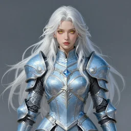 warrior, light azure armor!!! long wild white hair!! covered chest!!! yellow eyes! fantasy, d & d, intricate ornate details, digital painting, pretty face!!, symmetry, concept art, sharp focus, illustration, art by artgerm! greg rutkowski magali villeneuve wlop! ilya kuvshinov!!, octane render