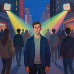colourful and haunting painting of a man standing in a city with his eyes open. 1 0. random people surround him with no eyes. television screens beam out coloured light from the corners of the image to the people with no eyes