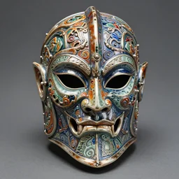 fantasy art ultra 4 k photo of a bizzare colorful metal armor warrior knight mask made of ceramic carved by h. r. giger