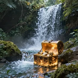 Waterfall with treasure hidden behind the water stream, fantasy art style, glowing chest