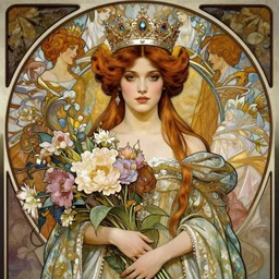 portrait of a beautiful mysterious princess wearing an elaborate crown, holding a bouquet of flowing flowers, fantasy, regal, intricate, by stanley artgerm lau, greg rutkowski, thomas kinkade, alphonse mucha, loish, norman rockwell