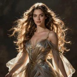 portrait of a female wizard in flowing sensual dress, long flowing hair, delicate, looking at camera, slightly smiling, real face, stylish, elegant, extremely detailed painting inspired by Gerald Brom, stunning lighting