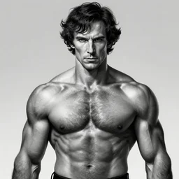 sherlock holmes as gigachad, masculine, mature, handsome, upper body, grey and silver, muscular, hairy torso, fantasy, intricate, muscular, elegant, highly detailed, digital painting, artstation, concept art, smooth, sharp focus, illustration, art by gaston bussiere and alphonse mucha, black and white