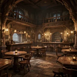 the inside of a fantasy tavern, d & d, hyperrealistic, concept art, octane render, unreal engine 5, path tracing, soft lighting, high quality, highly detailed, 8 k, complementary colors, cgsociety