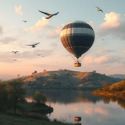 planet futuriste hill by a lake with a hot air ballon solarpunk, drone birds in the sky