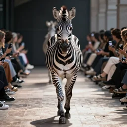 zebra with sparkling make - up walking a catwalk in copenhagen