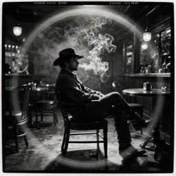 first image from new western film, a cowboy slouches in a saloon chair in shadow, smoke in the air, kodak vision 2 0 0 t, anamorphic lens, halation, diffusion, framing, symmetrical, film grain, high contrast