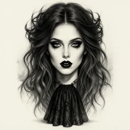 a gothic female, wearing black lipstick, and a black skirt, full body shot, highly detailed digital art, intricate drawing, extremely detailed face, beautiful face, beautiful aesthetic face, 8 k resolution, realistic fantasy