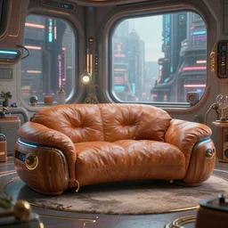 a futuristic cozy leather couch in a futuristic cozy bedroom from oblivion movie, by wlop by jungyeonmin and james jean jhonseru jsezz artstation and greg rutkowski, with some wood and gold details, biomechanical, lens orbs, global illumination, with a window overlooking a cyberpunk metropolis, lounge, architectural, volumetric lighting, granular detail, japandi, hyperrealist, uninhabited, micro details, blender, vray