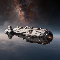 photorealistic full wide shot of industrial spaceship, in space, bokeh, Hubble photo background, inspired by Ridley Scott, H R Giger, Warhammer, octane render, HD, volumetric lighting, mist, twilight, detailed