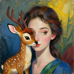 a vivid painting of a woman that looks like the cartoon deer bambi in the style of laszlo moholy - nagy and noriyoshi ohrai, trending on artstation, highly detailed, ultrarealistic, digital art