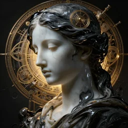 epic illustration, abstract sculpture of beautiful female face silhouette and black swirling liquifying acrylic portrait, volumetric light, highly detailed, mechanical superstructure, sacred geometry, glowing edges, sad, hurt, beautiful light, statue of carving marble, dark colors, dark mood, cinematic light, golden spirals, clockwork, art by camille corot, zeng fanzhi