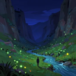 concept art by jama jurabaev and ismail inceoglu and sparth, cel shaded, cinematic shot, chile, santiago, trending on artstation, high quality, brush stroke, vibrant colors, under the silent night sky, mysterious canyon streams, lawns, fluorescent spots, luminous flowers, and lonely atmosphere