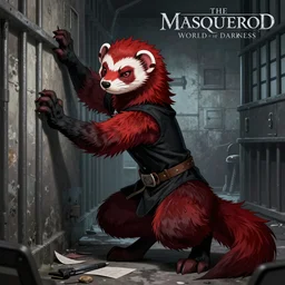 vampire : the masquerade ( world of darkness ) source book illustration of an anthropomorphic red - black furry weasel - ferret - stoat fursona ( from the furry fandom ) in prisoner's regalia, in a prison cell, scratching at the walls, pen detailing