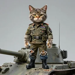 Portrait face fuzzy ears furry ripped physique kitty cat general camouflaged as a kitty cat man wearing a military officer uniform standing atop a panzer tank jean helion greg rutkowski Dan Witz norman rockwell victo ngai