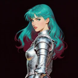 portrait of angelic female guardian, vibrant teal and maroon hair, silver armor, strong line, vibrant color, looking over shoulder, beautiful! coherent! by frank frazetta, high contrast, minimalism