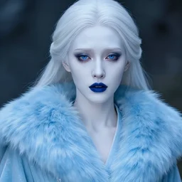 Portrait of a female cryomancer, pale white skin, dark blue eyes, gorgeous, sky-blue thick fur robes, beautiful face, dark blue lipstick, cold smile, pillars of ice background, extremely detailed, by frank franzzeta, mcbess, WLOP, Genzoman and gary gygax, trending on artstation, artstationHD, artstationHQ, deviantart, 16K, HD, matte painting, vibrant colors