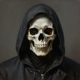 a portrait of an hooded man with a skull face, Matte painting , detailed painting, made by Greg Rutkowski, 4k resolution, atmospheric, extremely high detail