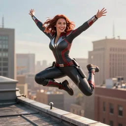 Beautiful female Elyse Levesque as Black Widow Marvel smile and showing face:: action pose leaping in the air, acrobatic pose, exciting, fun, realistic character concept:: on rooftop of building:: comic book, illustration, slender symmetrical body, symmetrical face, full hand, full feet:: artstation, cinematic lighting, hyperdetailed, cgsociety, 8k, high resolution:: Tom Bagshaw, Joshua Middleton, Gottfried Helnwein, Rafeal Albuquerque comic:: insanely detailed and intricate