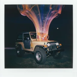 abstract grainy polaroid of an 1997 Jeep surrounded by massive floating ferrofluid, neon night, photorealistic, dark, atmospheric, insanely detailed, lights and shadows