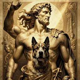 chinese propaganda poster with mad dog as the centerpiece, amazing, flowing hair, very muscular male body, caesar victorious, proud emperor, crepuscular ray, intricate, highly detailed