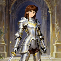 anime key visual of young female fantasy knight, shoulder length brown hair shining detailed platinum and gold armor, wielding two daggers, standing in the doorway of an ancient monastery, style of jamie wyeth james gilleard edward hopper greg rutkowski acrylic painting, preserved museum piece, historical