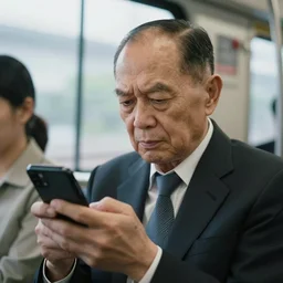candid photo of Lee Kuan Yew squinting disapprovingly at his phone while riding the train