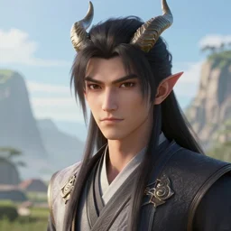 handsome young warrior, clean - shaven, horns, pointy ears, long hair, epic landscape, realistic anime, highly detailed, unreal engine 5, 8 k, digital fantasy illustration, by rossdraws, by heise jinyao, by heise - lian yan fang, by feimo, sharp focus, octane render, trending on artstation,