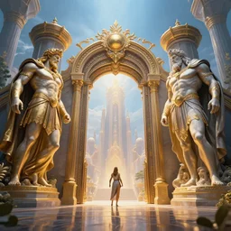 the gates of utopia dimension with zeus and poseidon guarding, artstation, volumetric light, high detail, reflections, perfect, concept art, hdr, 4 k