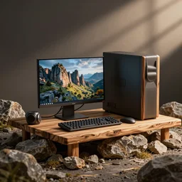 a functioning pc computer setup made entirely out of rocks and wood
