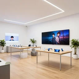 pbr materials ( ( ( ( ( minimalist neon flagship samsung store, white walls. oak floor. hanging lights. geometric furniture, large digital screens. display tables with phones and tablets, verdant plants ) ) ) ) ) concept art,, john berkey, beeple, wlop, makoto shinkai, yoji shinkawa, wadim kashin, artstation, 4 k