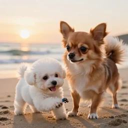 a photorealistic closeup image of a cute brown colored long haired chihuahua cocker spaniel dog as well as a smiling white bichon frise puppy playing at the beach. sunset, surf, brightly lit scene. fine detail. nice composition. 4 k hd unreal engine