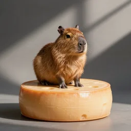 mini capybara on top of a cheese wheel, professional photograph