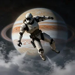 mec trooper from xcom falling through the clouds of jupiter, by cedric peyravernay, highly detailed, excellent composition, cinematic concept art, dramatic lighting, trending on artstation