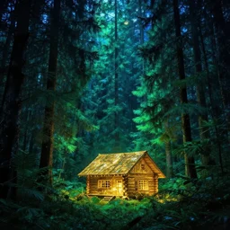 portrait of an ethereal evergreen forest made of green and blue light with a log cabin made of golden light, divine, cyberspace, mysterious, dark high-contrast concept art