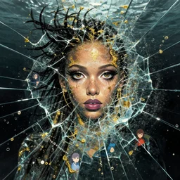 shattered glass stylized crystalline portrait of doja cat, splattering black gold iridescent bubbly underwater scenery, greg rutkowski, loish, rhads, makoto shinkai, lois van baarle, ilya kuvshinov
