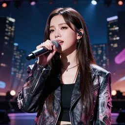 girl singing on stage, wearing fashion jacket, night city background, epic perspective. focus on stage | very very anime!!!, fine - face, audrey plaza, realistic shaded perfect face, fine details. anime. very strong realistic shaded lighting poster by ilya kuvshinov katsuhiro otomo ghost, magali villeneuve, artgerm, jeremy lipkin and michael garmash and rob rey