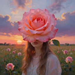 large rose as a head, girl frontal in a flower field, surreal photography, sunrise dramatic light, impressionist painting, colorful clouds, digital painting, artstation, simon stalenhag
