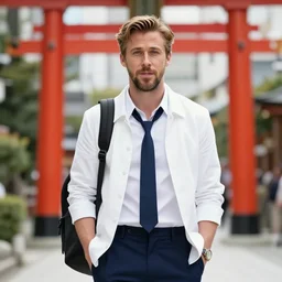 ryan gosling dressed in japanese highschool outfit, standing in tokyo