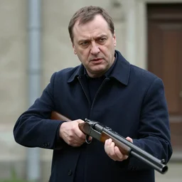 Viktor Yanukovych holding a shotgun as the American Psycho, cinematic still