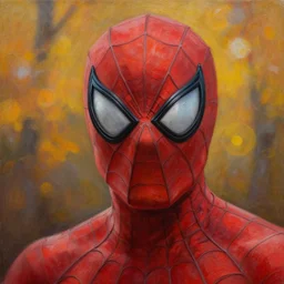 stunning serene portrait of Spiderman by Mark Arian, oil on canvas, masterpiece, realism, piercing gaze, autumn bokeh
