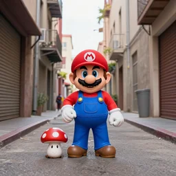 super mario as a drug dealer selling a magical mushroom in the alleys of los angeles, super mario in real life, red hat, blue overalls, canon eos r 3, f / 1. 4, iso 2 0 0, 1 / 1 6 0 s, 8 k, raw, unedited, symmetrical balance, wide angle